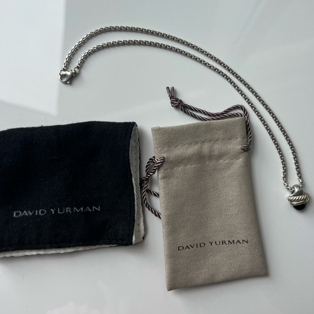 David Yurman 16” Cable necklace with two tone silver/gold and onyx acorn pendant